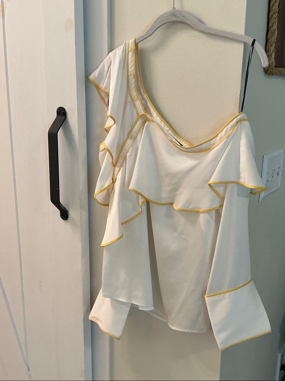 White One-Shoulder Ruffle Dress with Yellow Trim